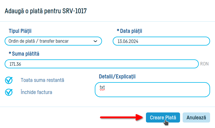 Cum adaug o plată pe factură - pasul 2