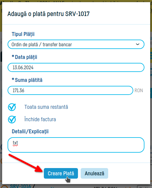 Cum adaug o plată pe factură - pasul 3